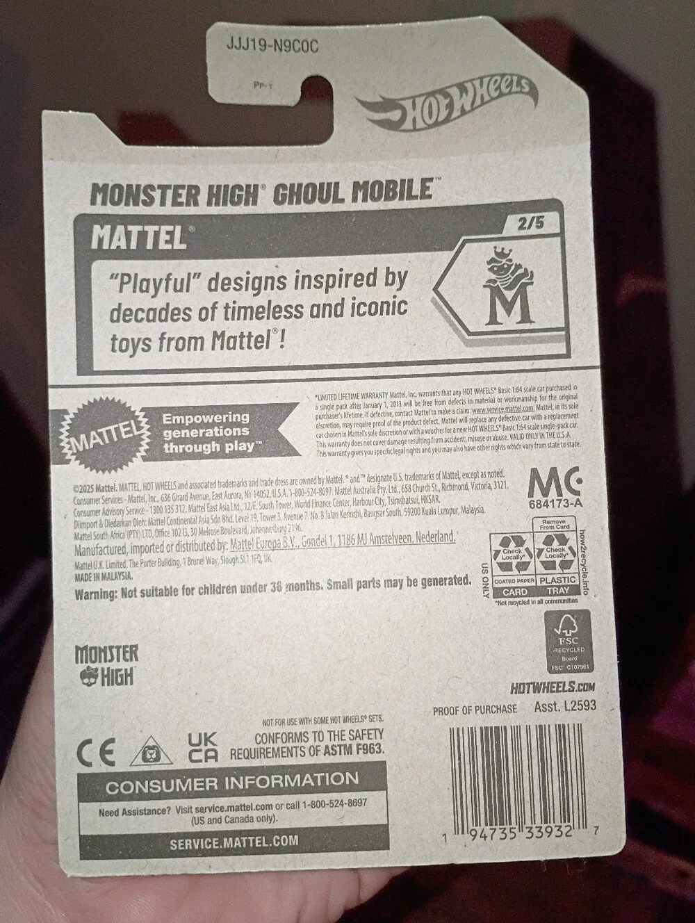 NEW Mattel Hot Wheels Monster High Lavender Convertible